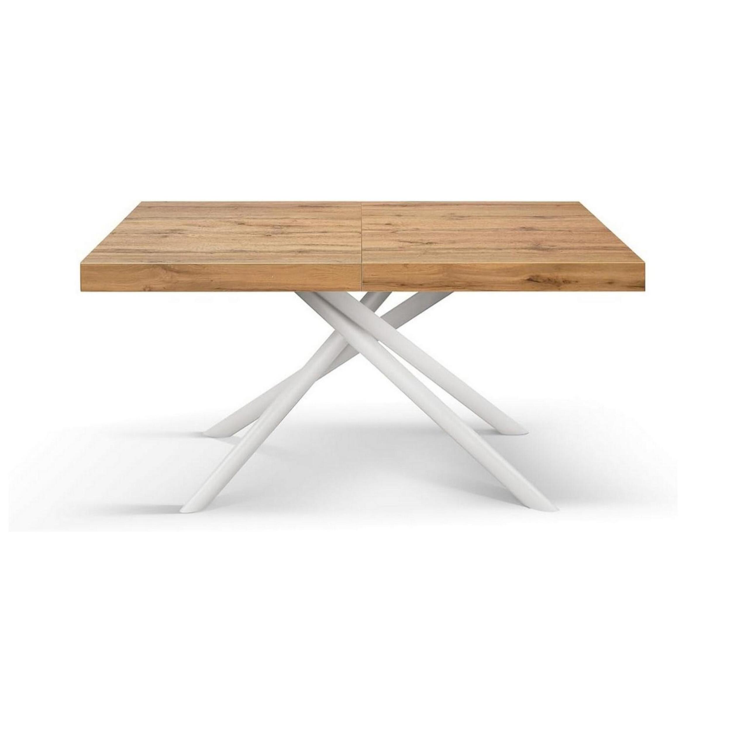 Tavolo CARRARA in legno, finitura rovere rustico e base in metallo verniciato bianco, allungabile 180×90 cm – 260×90 cm