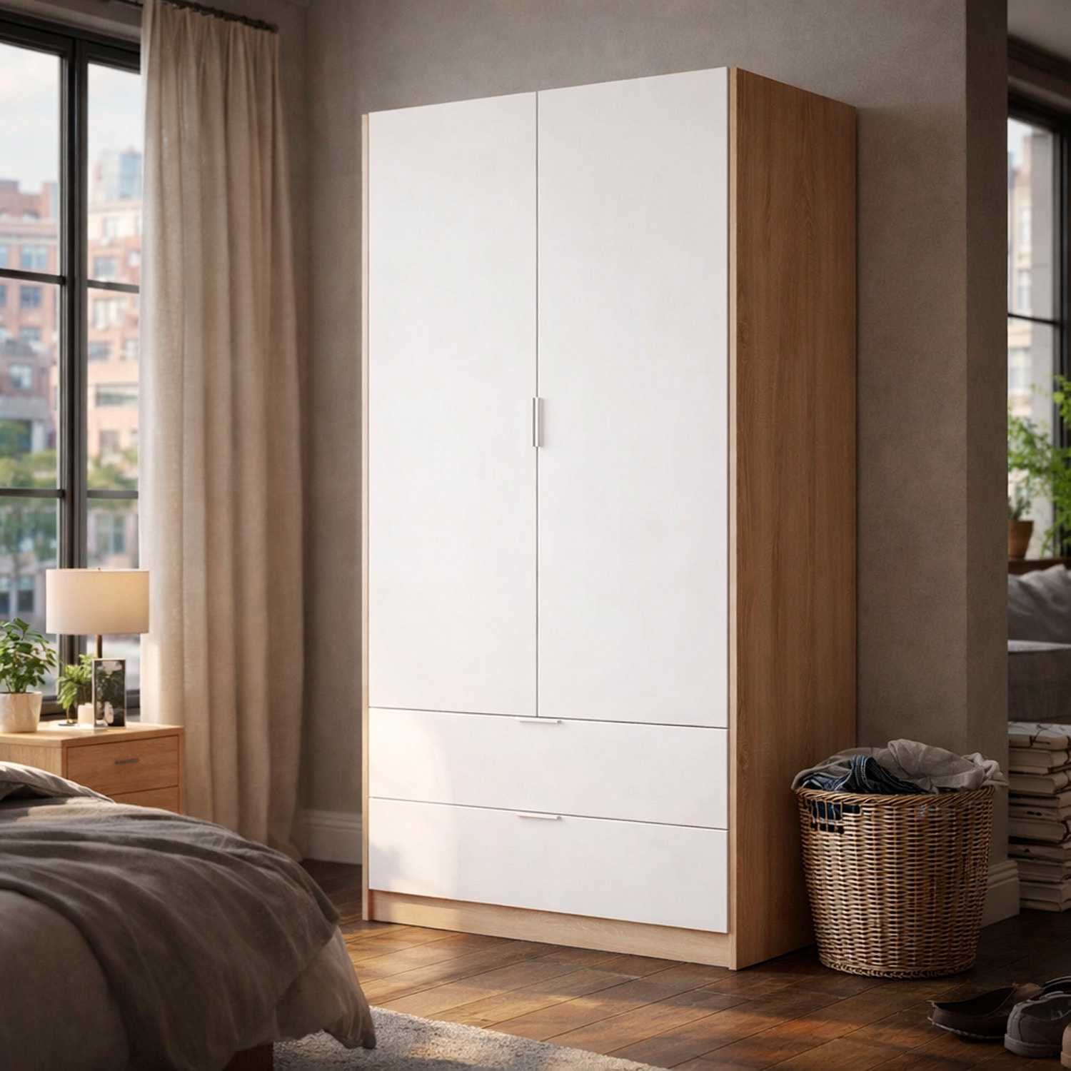 Armadio Guardaroba Con 2 Ante Battenti Asta Appendiabiti E 2 Cassetti Design Moderno Stile Nordico 80 x 52 x 180 Cm Bianco e Rovere