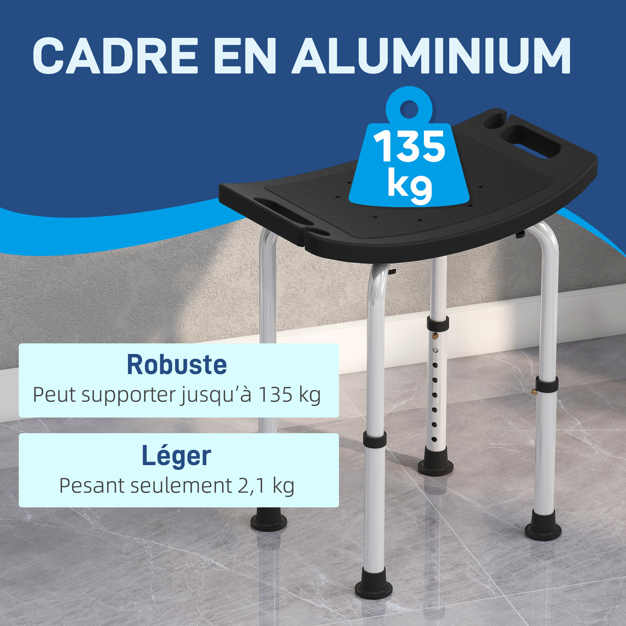 Tabouret de douche réglable antidérapant alu plastique noir