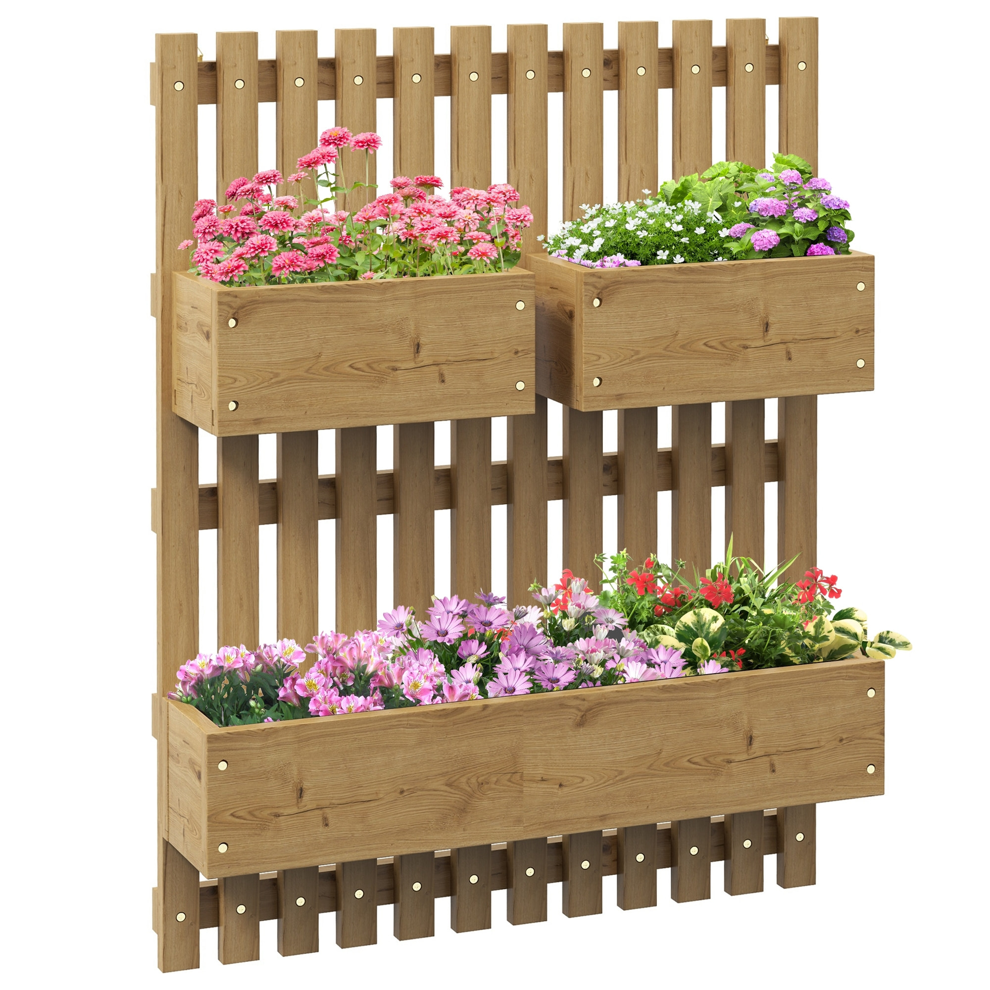 Jardinière murale avec treillis - lot de 3 jardinières murales - dim. 60L x 16l x 80H cm - bois sapin carbonisé