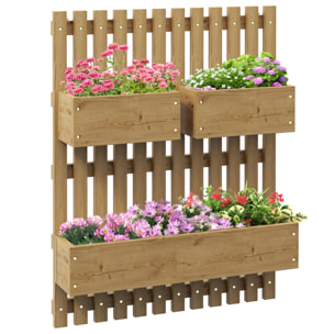 Jardinière murale avec treillis - lot de 3 jardinières murales - dim. 60L x 16l x 80H cm - bois sapin carbonisé