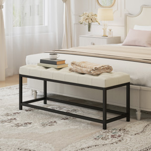 Banco Pie de Cama, Tapizado en Terciopelo, Banqueta para Dormitorio, Diseño Capitoné, Base de Metal, Banco para Dormitorio, Entrada, Salón, Recibidor, Crema