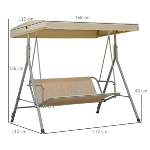 Balancelle de Jardin 3 Places Grand Confort Toit Inclinaison réglable épais Coussins Amovibles Polyester Acier époxy marron clair