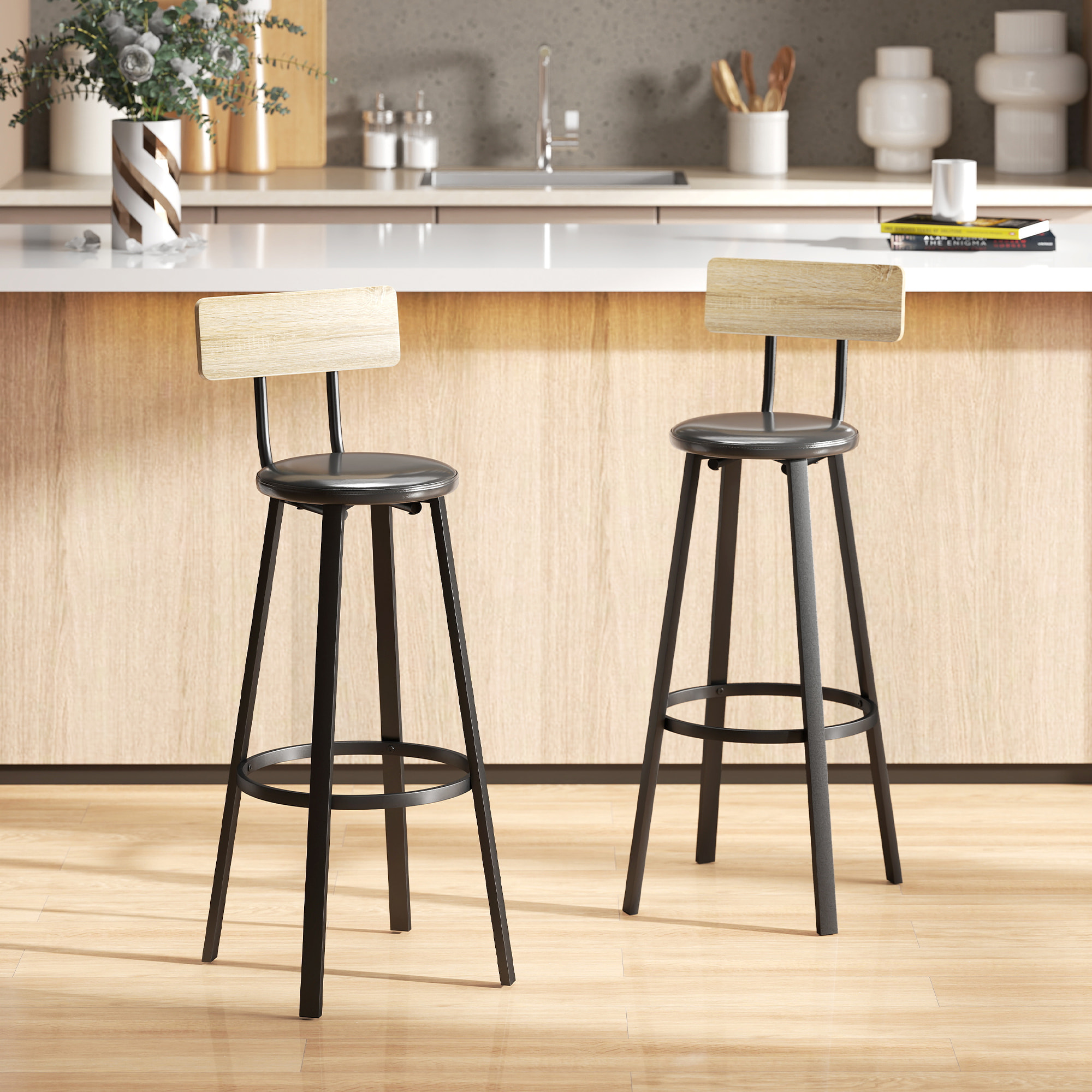 Juego de 2 Taburetes de Bar, Taburetes Altos de Cocina con Respaldo y Reposapiés, Tapizados de PU, Asiento de 75,5 cm de Altura, Fácil Montaje, Estilo Industrial, Natural y Negro
