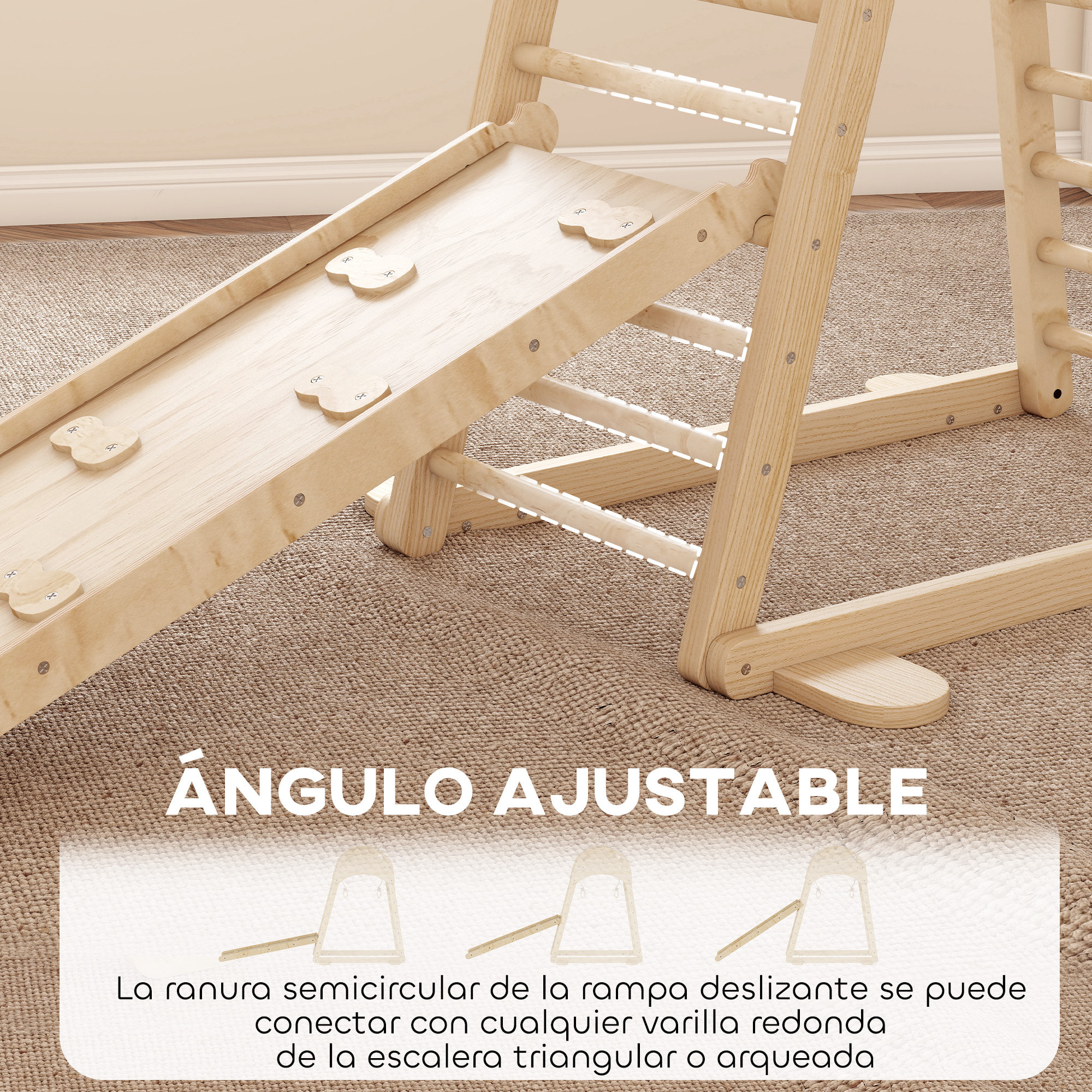 6 en 1 Triángulo de Escalada Montessori, Estructura de Escalada de Madera con Plataforma, Anillos y Tobogán, para Deslizarse o Escalar, para Niños de 18-48 Meses, Interiores, Natural