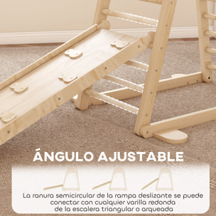 6 en 1 Triángulo de Escalada Montessori, Estructura de Escalada de Madera con Plataforma, Anillos y Tobogán, para Deslizarse o Escalar, para Niños de 18-48 Meses, Interiores, Natural