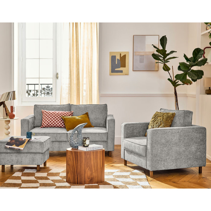 Jake - pouf en tissu velours relief - pieds en bois foncé - Gris clair