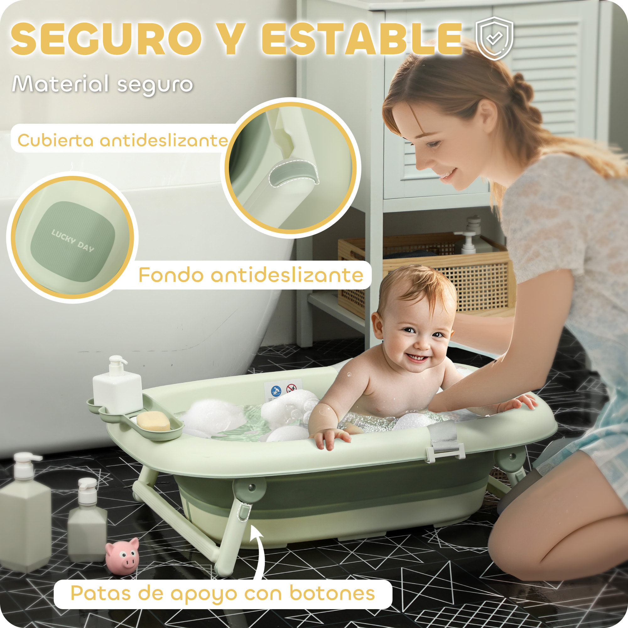 Bañera Plegable Bebé, Bañera Portátil con Cojín de Baño, Soporte con Botón, Orificio de Drenaje y de Ducha, Repisa, Gancho, para Recién Nacidos y Bebé hasta 3 Años, Verde