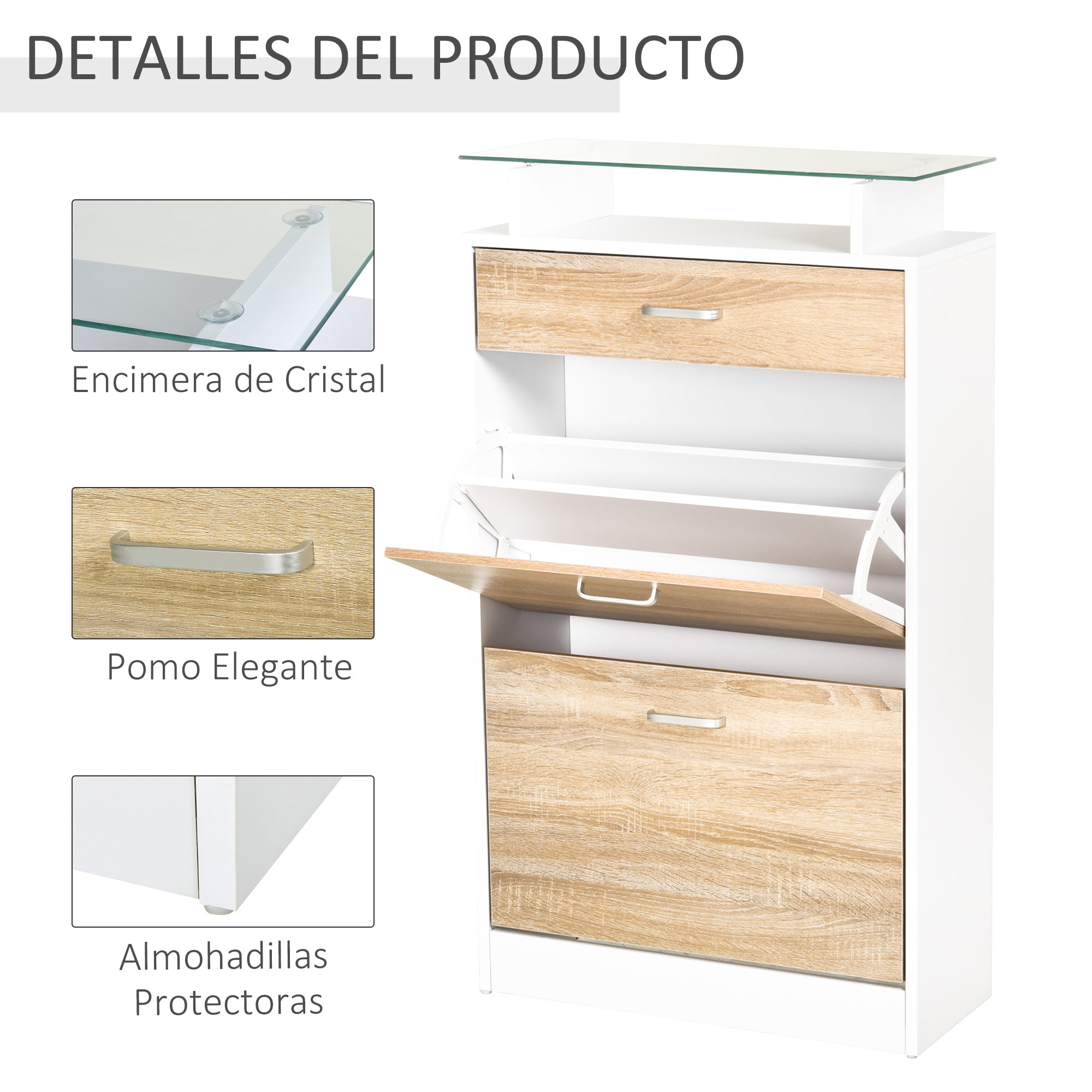 Mueble Zapatero Armario Zapatero con 3 Cajones Estante de Vidrio y Asa de Aluminio para Pasillo Entrada Carga 50 kg 60x24x105,5 cm Natural