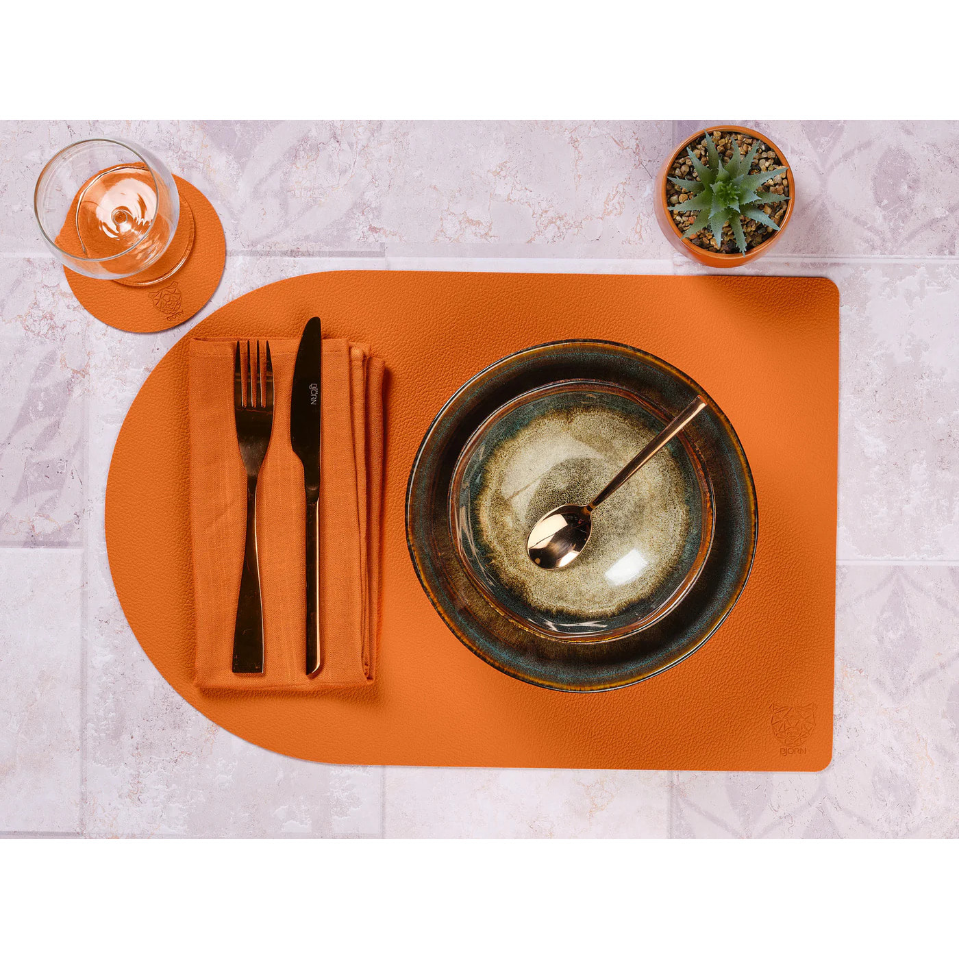 Sous-verre rond réversible - 6 pièces - Cuir recyclé orange et chocolat