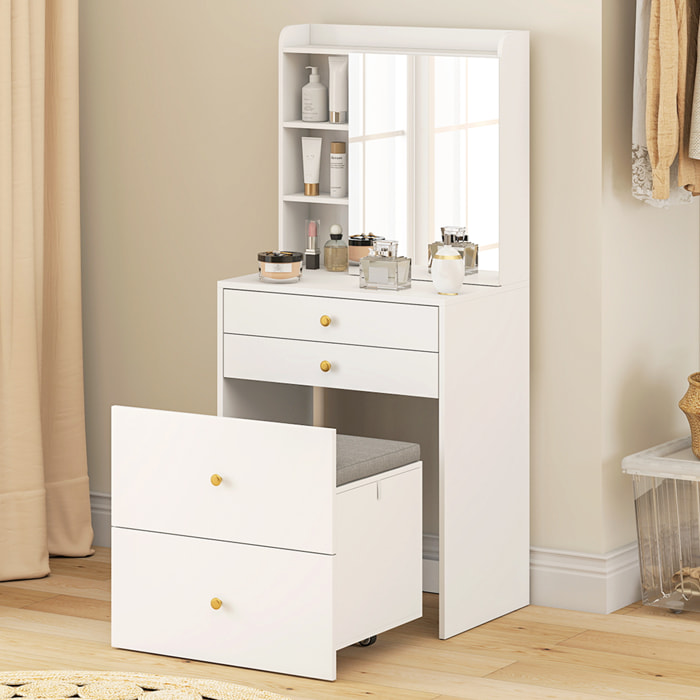 Coiffeuse tabouret encastrable multi-rangement miroir poignées dorées blanc