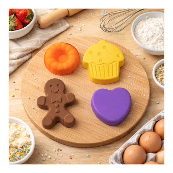 Lot de 4 mini moules en silicone forme gâteau, Happy Cake