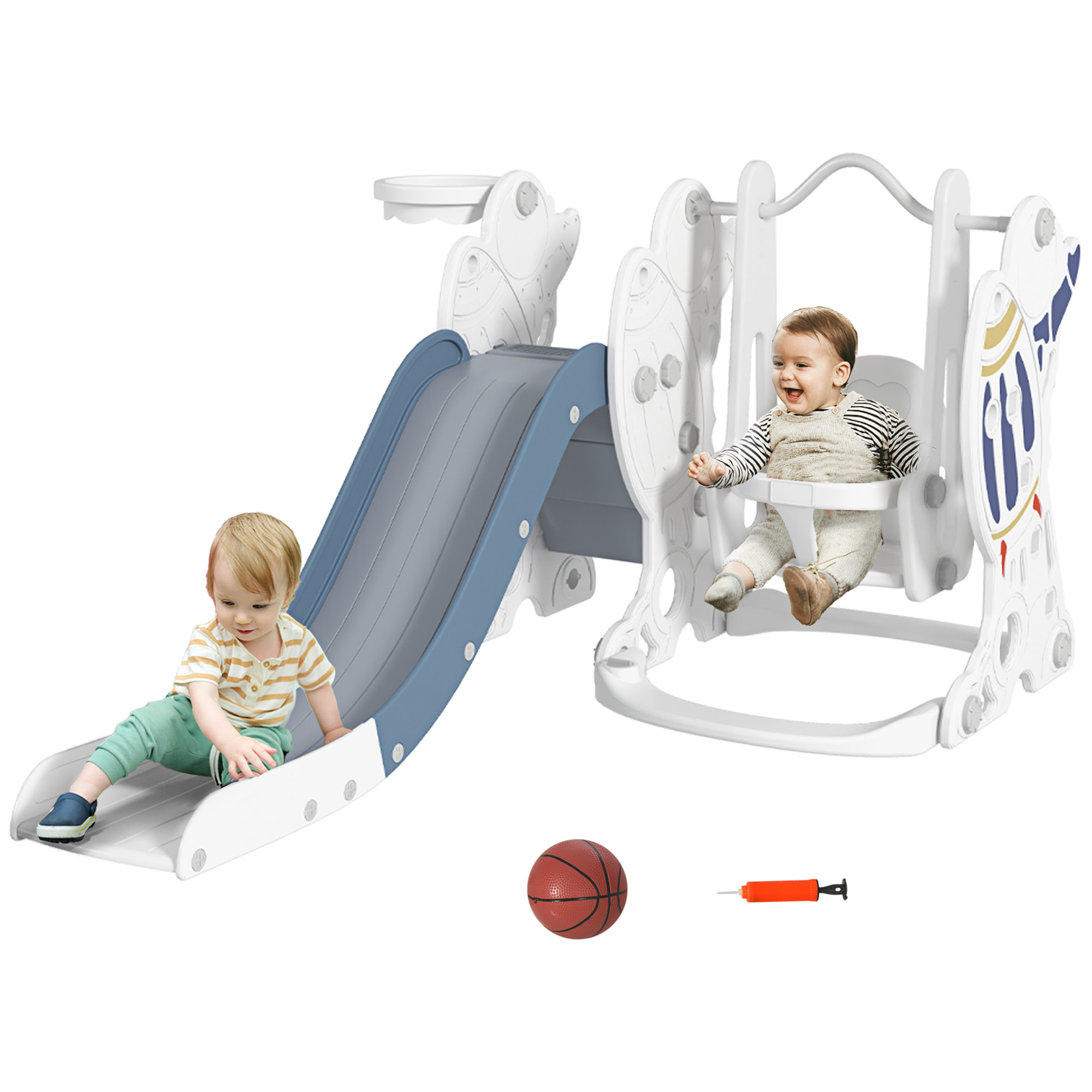 Juego de Tobogán y Columpio para Niños 3 en 1 Columpio para Niños de 18-48 Meses Tobogán para Bebés con Aro de Baloncesto Carga 30 kg 150x185x92 cm Blanco y Azul