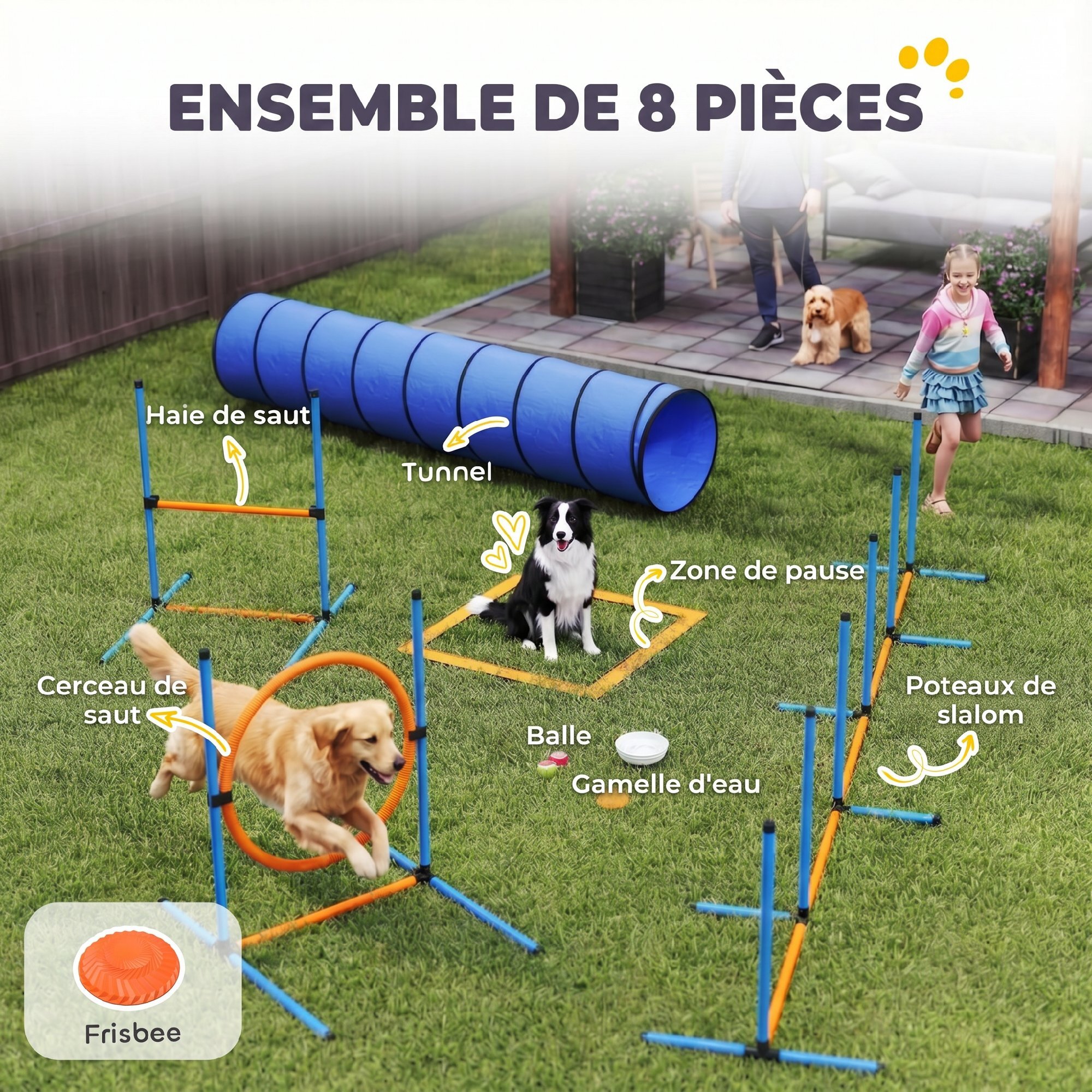 Kit d'agilité complet pour chien 8 pièces - tunnel, slalom, obstacles - orange bleu