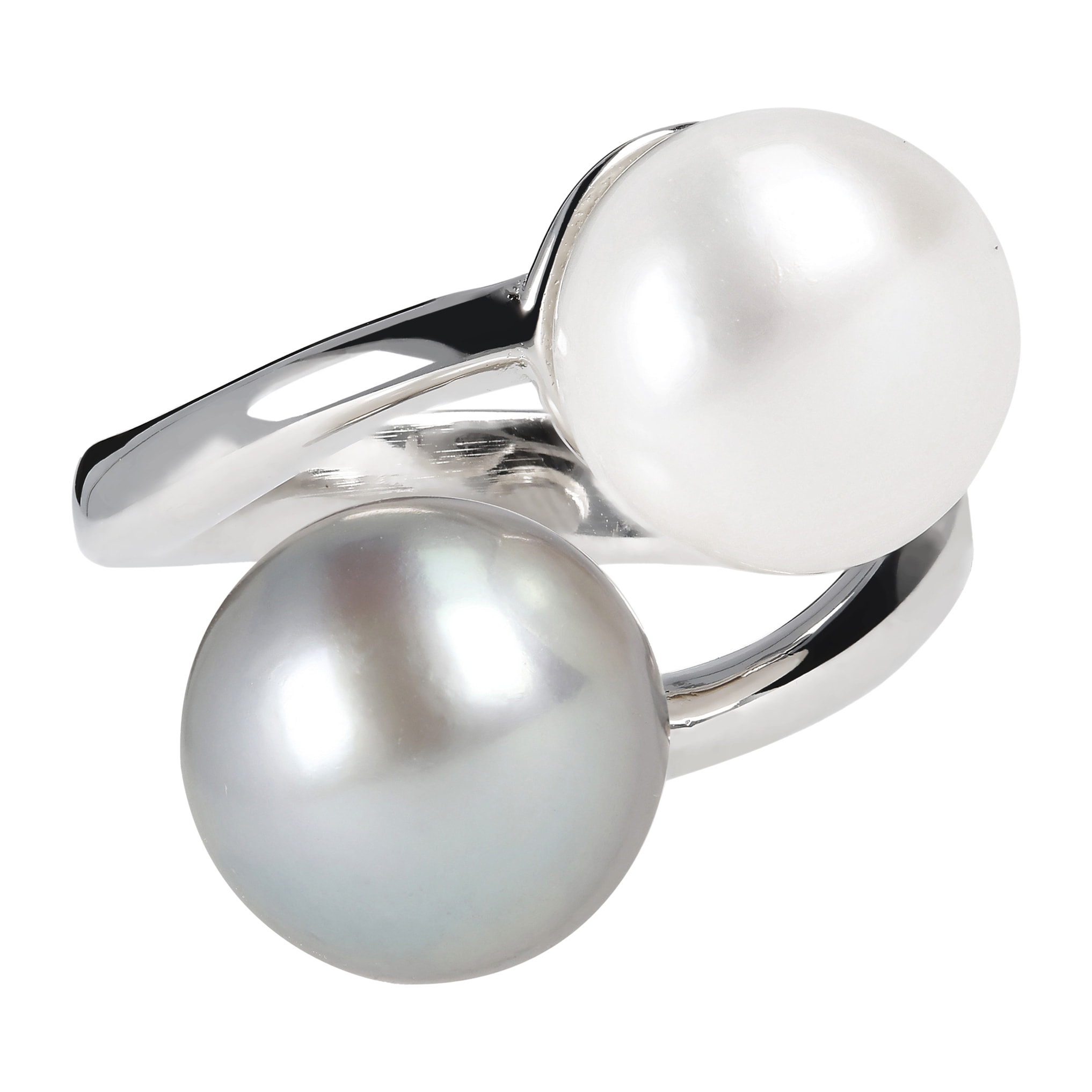 PERLAVIVA - Anello Contrarié in Argento 925 placcato Oro Bianco 18Kt con Perle a Bottone Bianca e Grigia d'Acqua Dolce Ø10/11mm