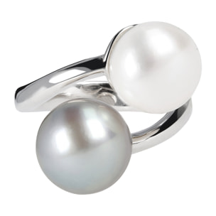 PERLAVIVA - Anello Contrarié in Argento 925 placcato Oro Bianco 18Kt con Perle a Bottone Bianca e Grigia d'Acqua Dolce Ø10/11mm
