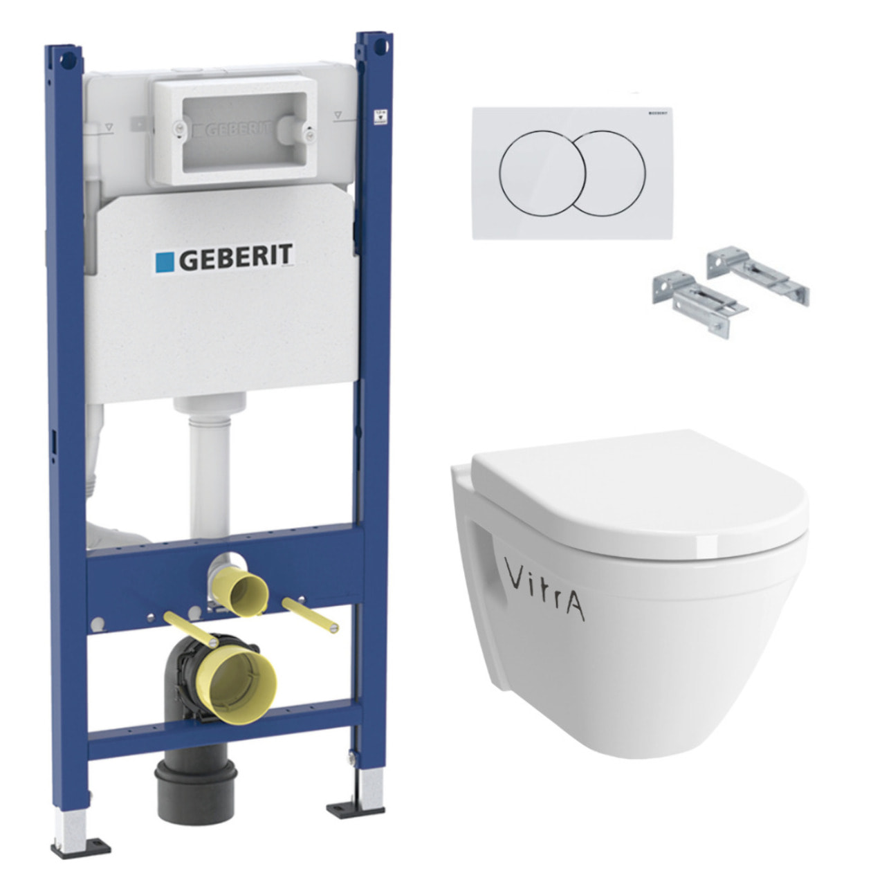 Pack WC Bati-support Geberit Duofix + Cuvette suspendue Vitra S50 avec bride + Abattant soft close + Plaque blanche (S50Geb3)