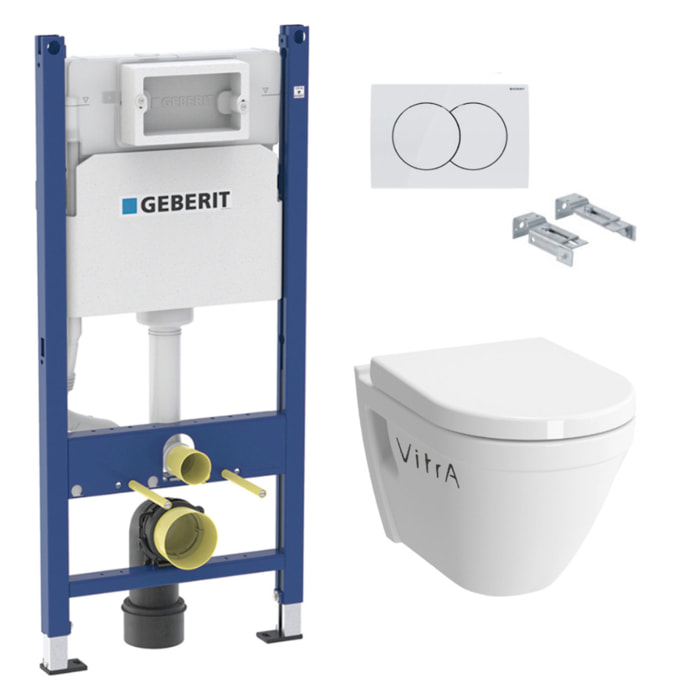 Pack WC Bati-support Geberit Duofix + Cuvette suspendue Vitra S50 avec bride + Abattant soft close + Plaque blanche (S50Geb3)