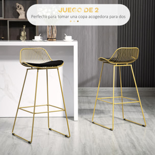 Juego de 2 Taburetes Altos de Cocina Moderno Taburetes de Bar con Cojín de Terciopelo Respaldo y Reposapiés Carga 120 kg 46,5x48x93 cm Dorado