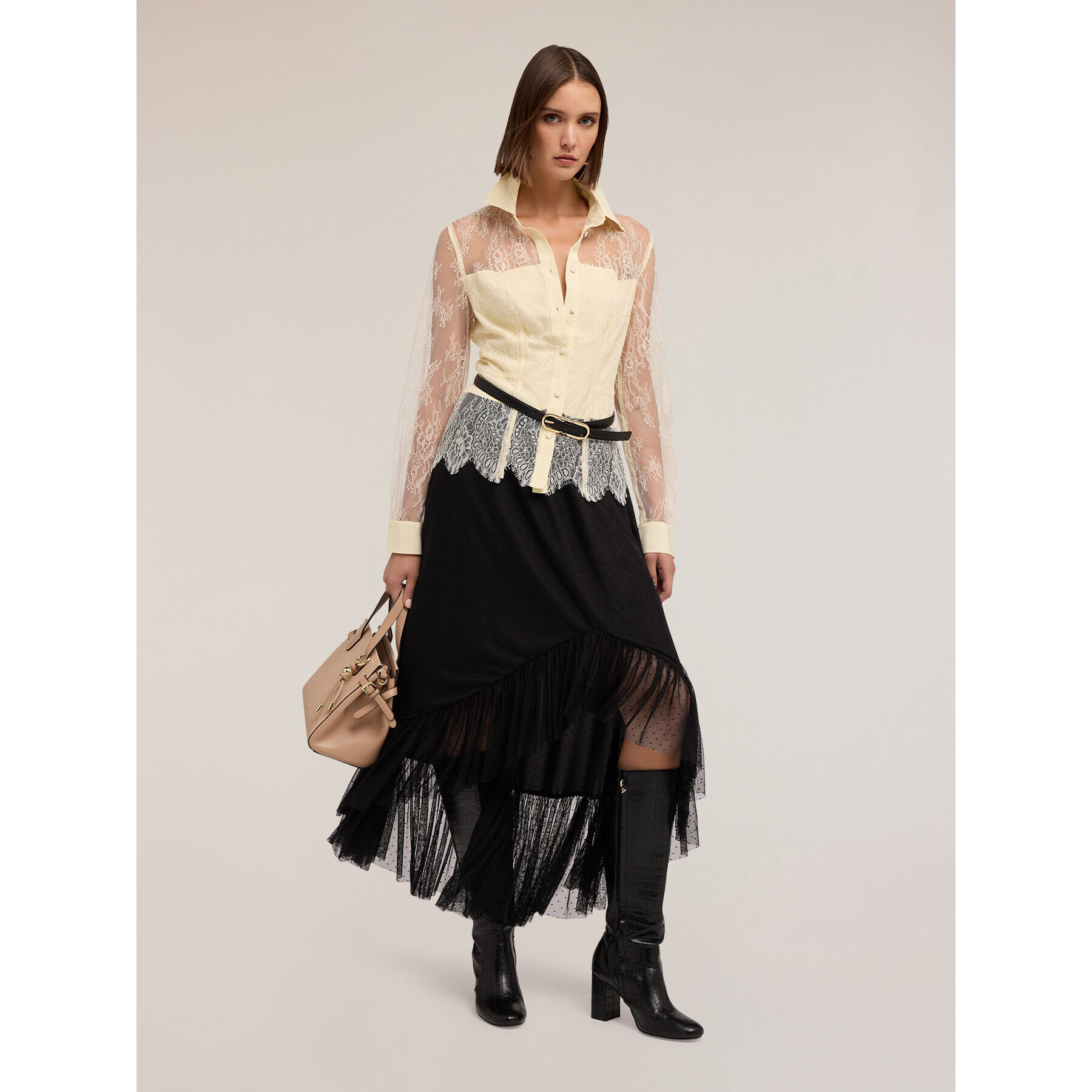 Motivi - Falda evasé asimétrica de plumeti - Negro