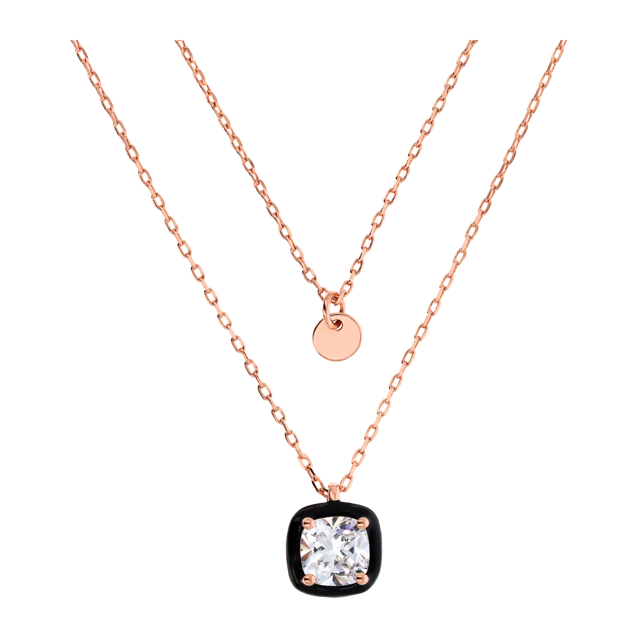 Collana Multifilo Catena Forzatina con Disco e Pendente Smaltato Nero con Cubic Zirconia Quadrata