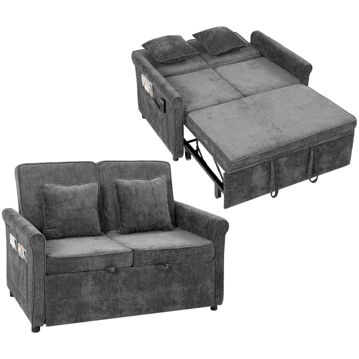 Sofá Cama 2 Plazas 3 en 1, Sofá Cama de Tejido Chenilla con Respaldo Ajustable 5 Niveles, Bolsillos Laterales, 2 Cojines y Reposabrazos Redondeados para Sala de Estar, Espacios Pequeños, Gris
