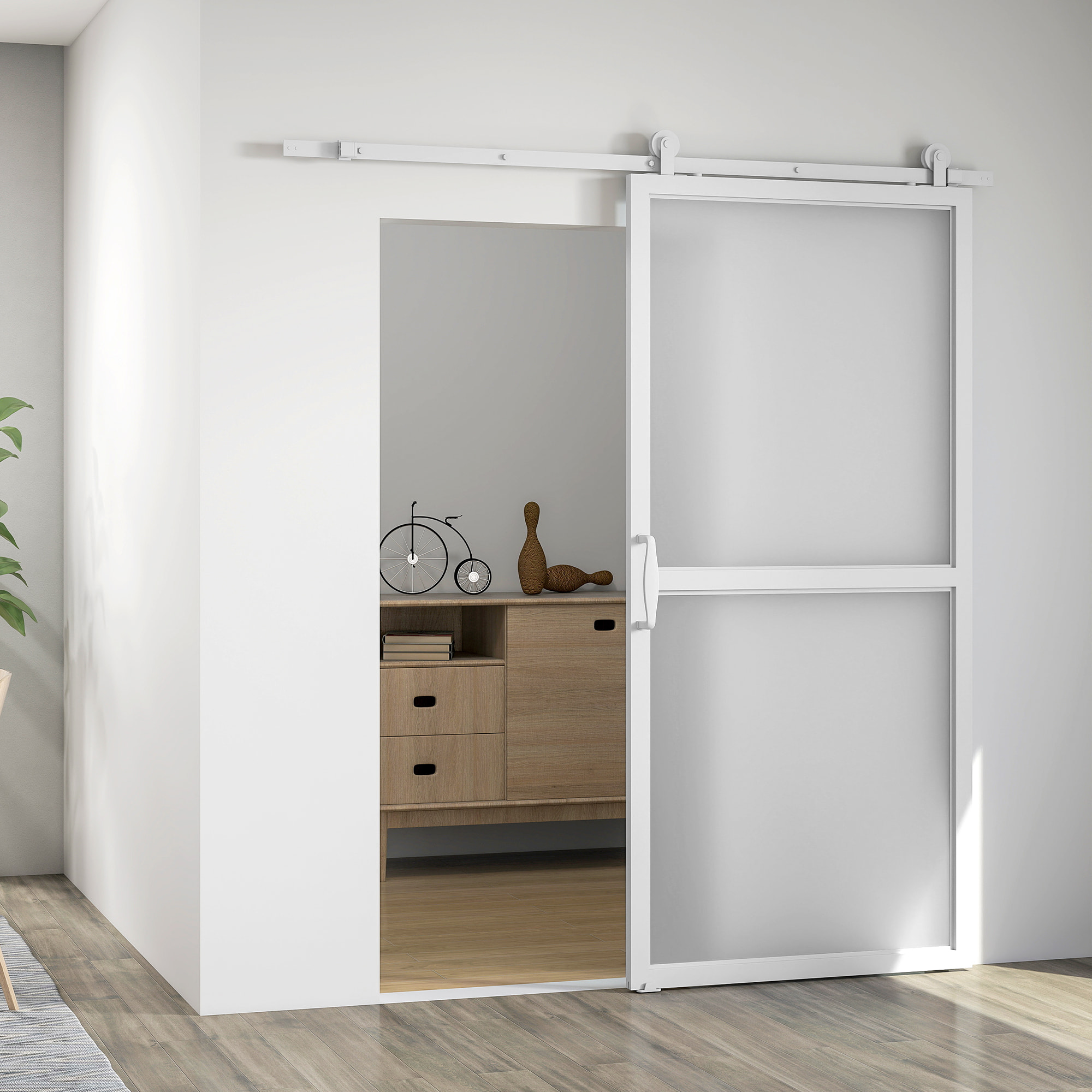Herrajes para Puertas Correderas 200 cm, Kit de Accesorios para Puerta Corredera con 2 Rieles de Acero al Carbono y Guía de Suelo, para Garaje, Armario, Blanco