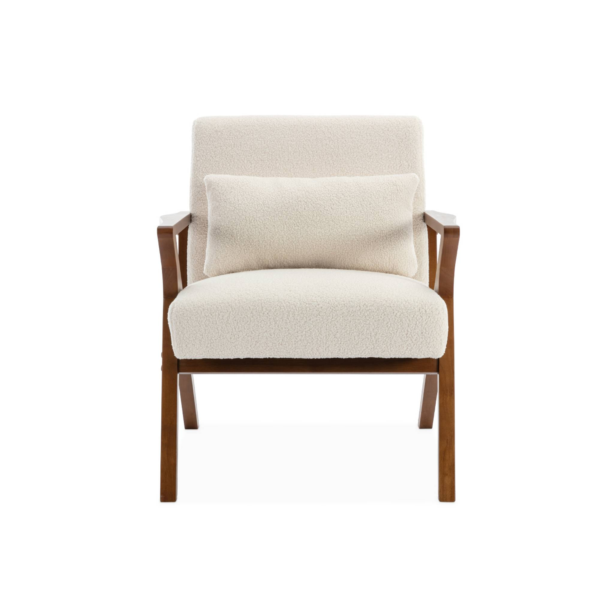 Fauteuil scandinave bois d'hévéa finition teinté noyer clair et bouclette blanche ANTOINE
