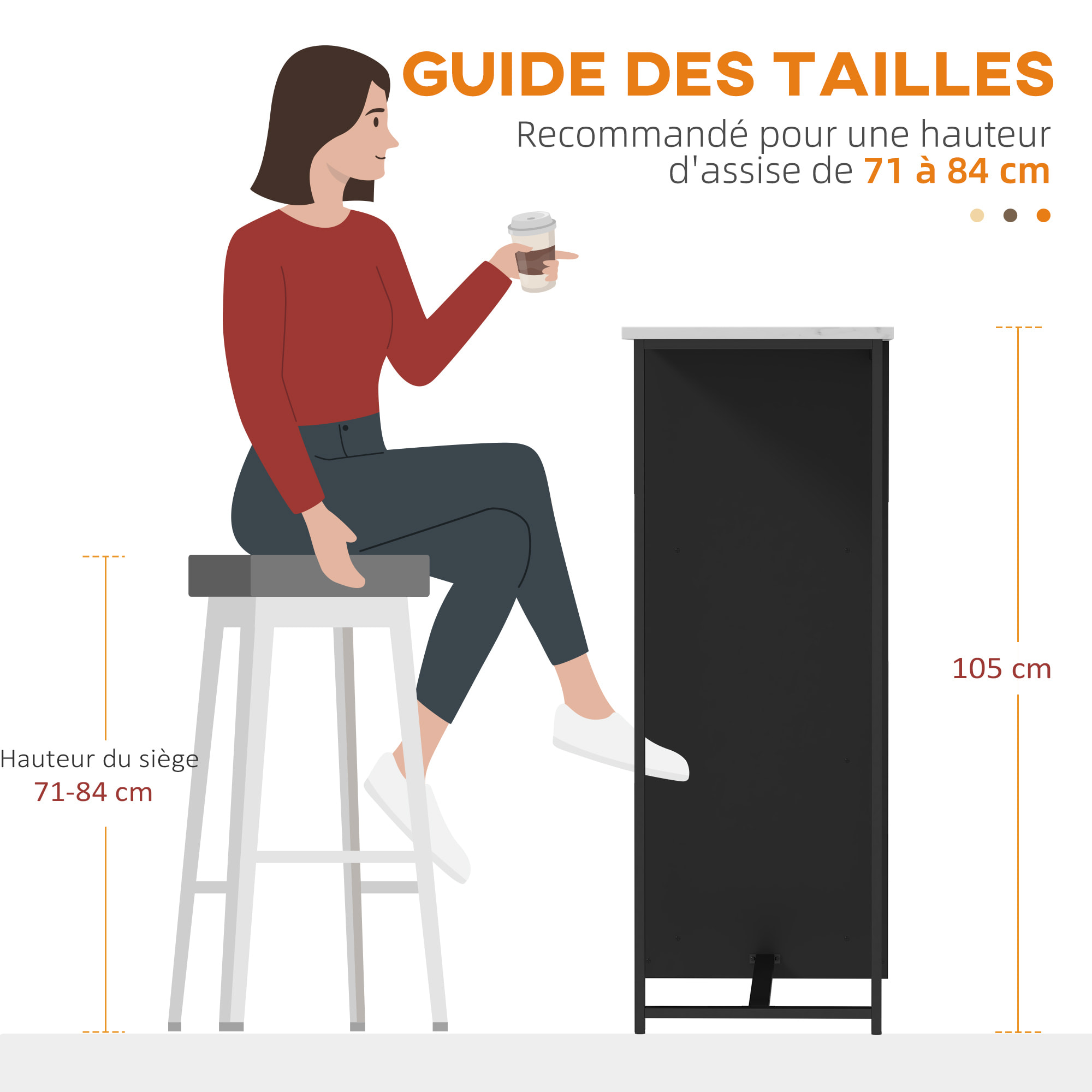 Table de bar design contemporain - table haute 3 niches avec range-bouteilles - acier panneaux noir aspect marbre blanc