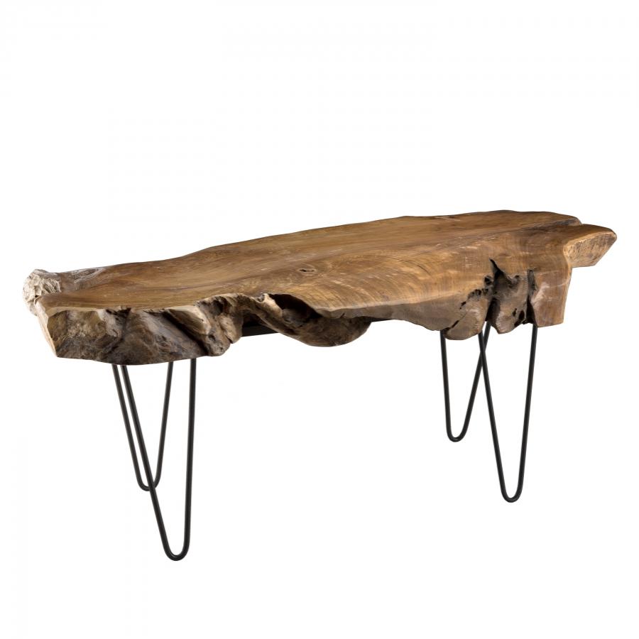 LALY - Table basse marron forme naturelle bois Teck pieds épingles scandi métal noir
