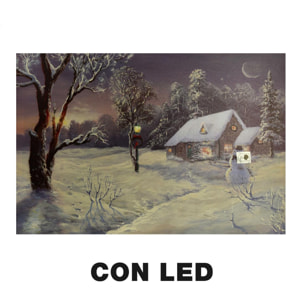 Quadro in legno con led casa innevata cm60x40h1,8