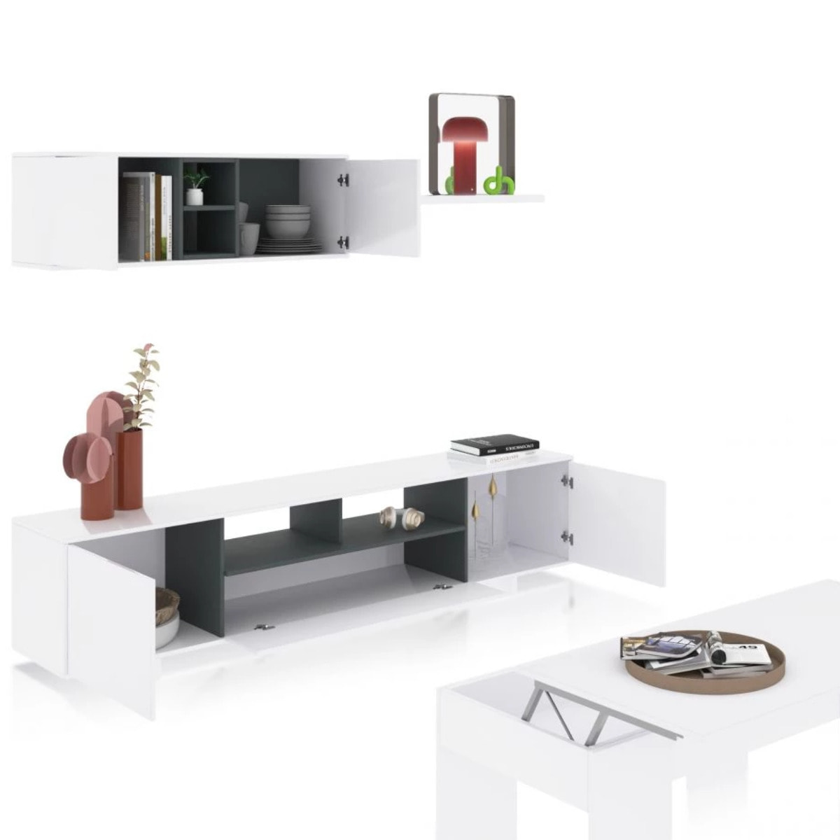 Pack salón con mesa de centro Kenzo Plus V2 Blanco Brillo - Gris Antracita