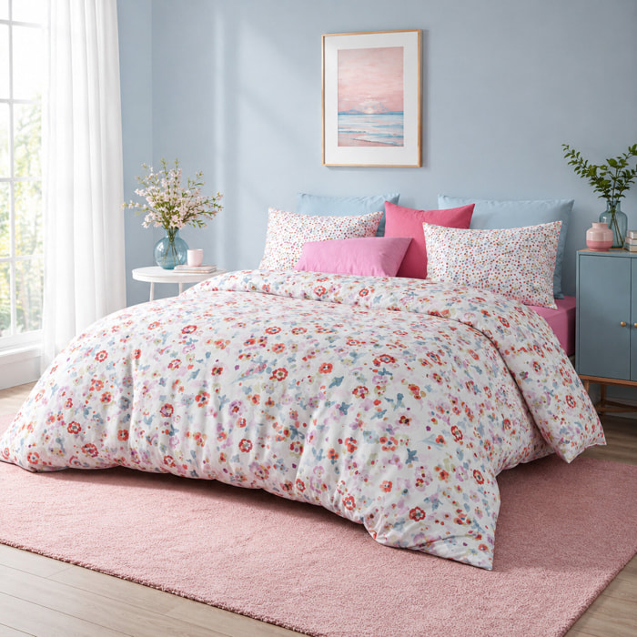 Parure de couette 3pcs 100% microfibre motif floral - blanc