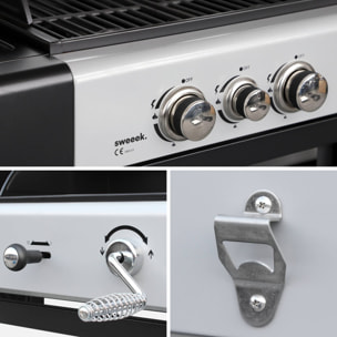 Barbecue 2 en 1 gaz et charbon, 3 brûleurs + 1 feu latéral, grill et fumoir avec tablettes et housse MARSAC AVEC HOUSSE