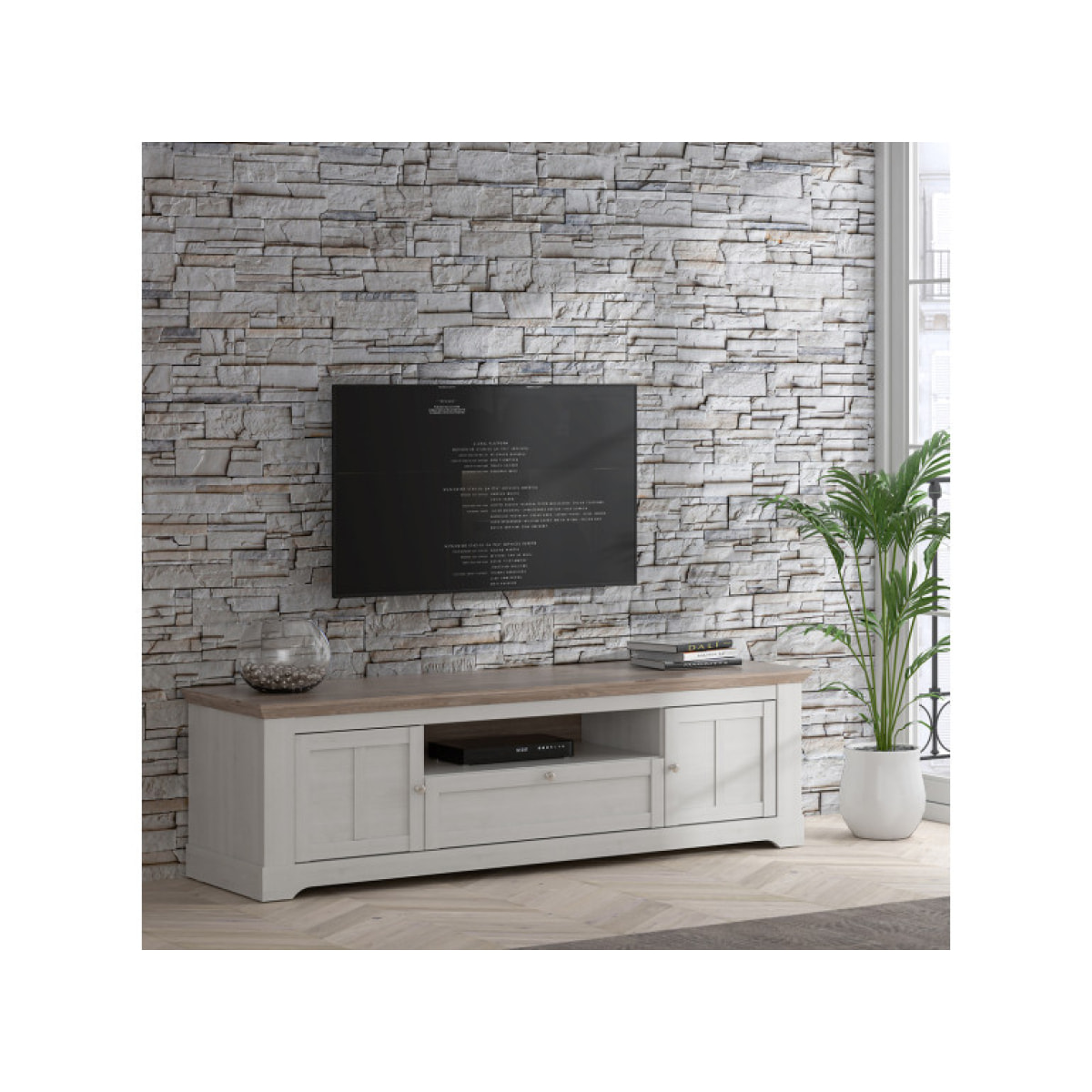 Meuble TV en bois effet chêne clair blanchi L204cm - ILONA