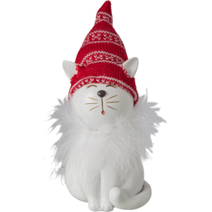 J-Line Chat avec chapeau - polyrésine - blanc/rouge Noël - medium