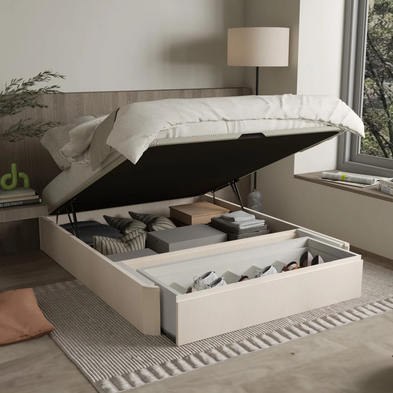 Canapé con cajón frontal con zapatero 150x190 cm en artic Luxury Premium 3D Artic