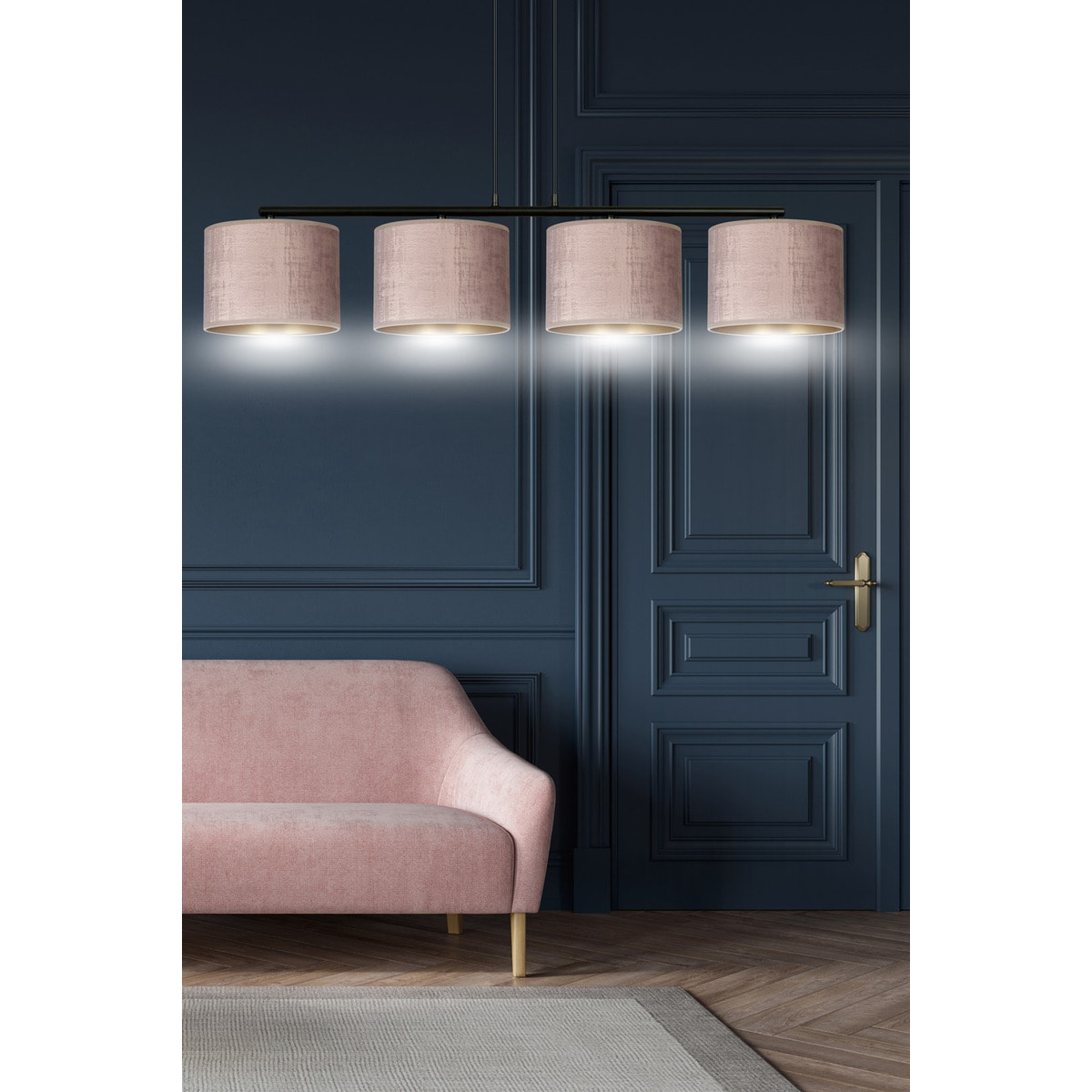 Lampada a sospensione Hilde in acciaio nero e velluto rosa antico