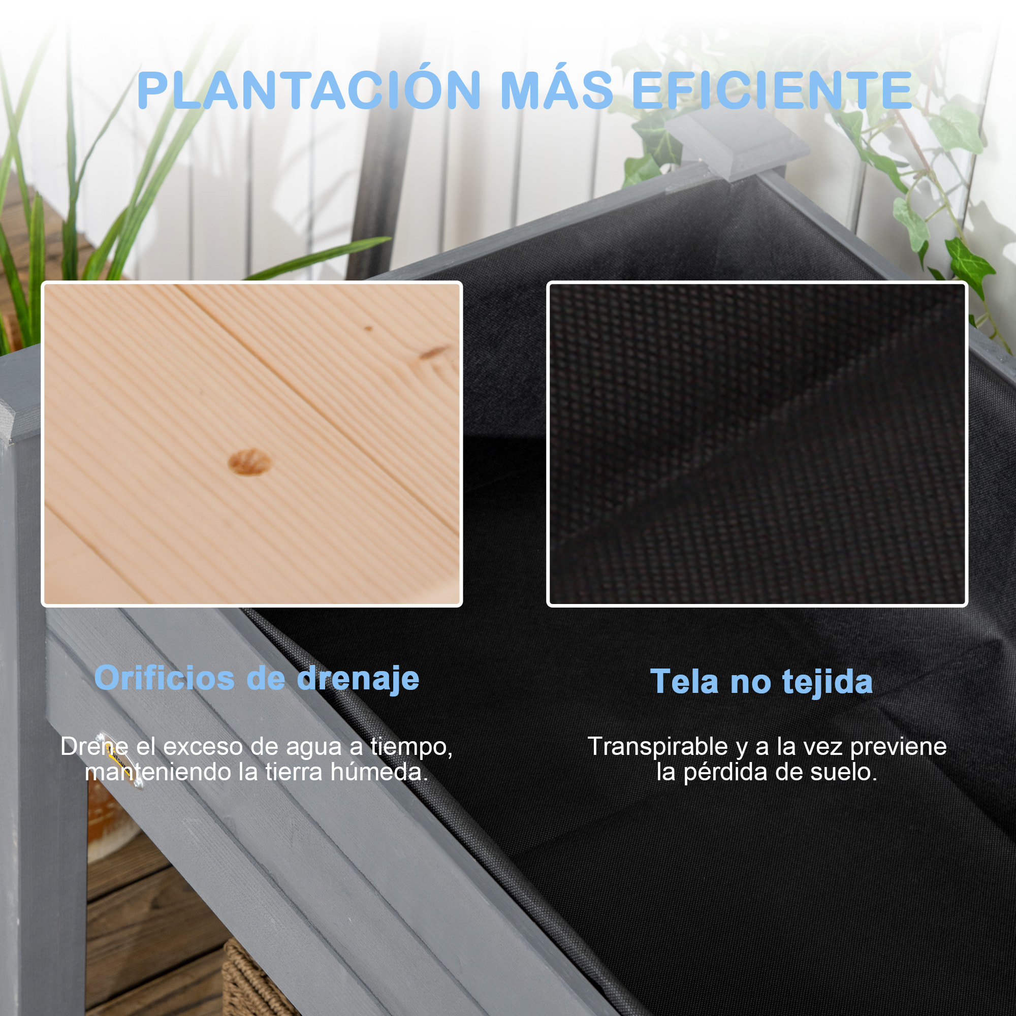 Huerto Urbano Elevado de Madera, Mesa de Cultivo con Tela no Tejida y 4 Orificios de Drenaje, para Cultivo, Plantas, Flores y Verduras, 122,5x56,5x76 cm, Gris Oscuro
