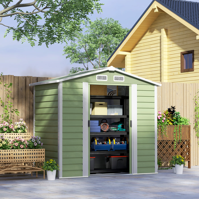 Caseta de Jardín Exterior 2,36m² 213x120x194 cm Cobertizo de Jardín Exterior con Base Refuerzo (Suelo NO Incluido) Puertas Correderas Dobles Candado Ventanas Verde Claro