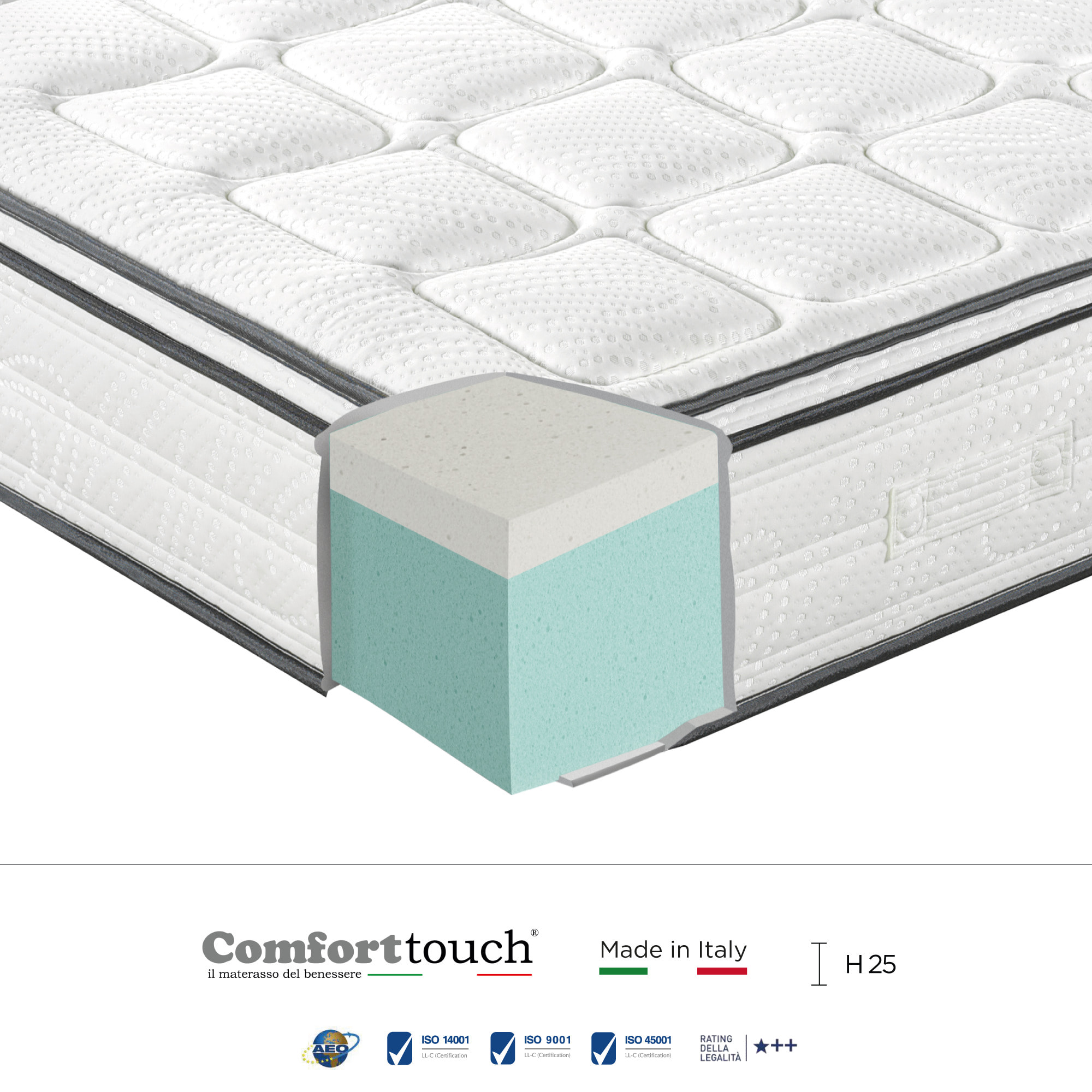 "Velvet" H25 cm 90x200 guanciale Memory OMAGGIO 2cm memory foam