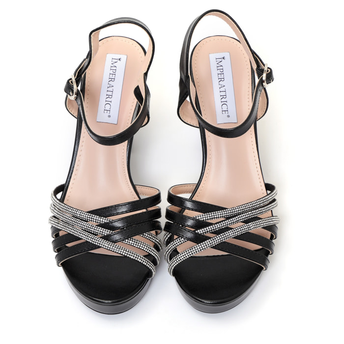 Sandali in simil pelle con tacco alto comodo e fasce ricoperte di strass