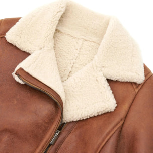 Montone shearling cuoio con cintura e cerniera trasversale