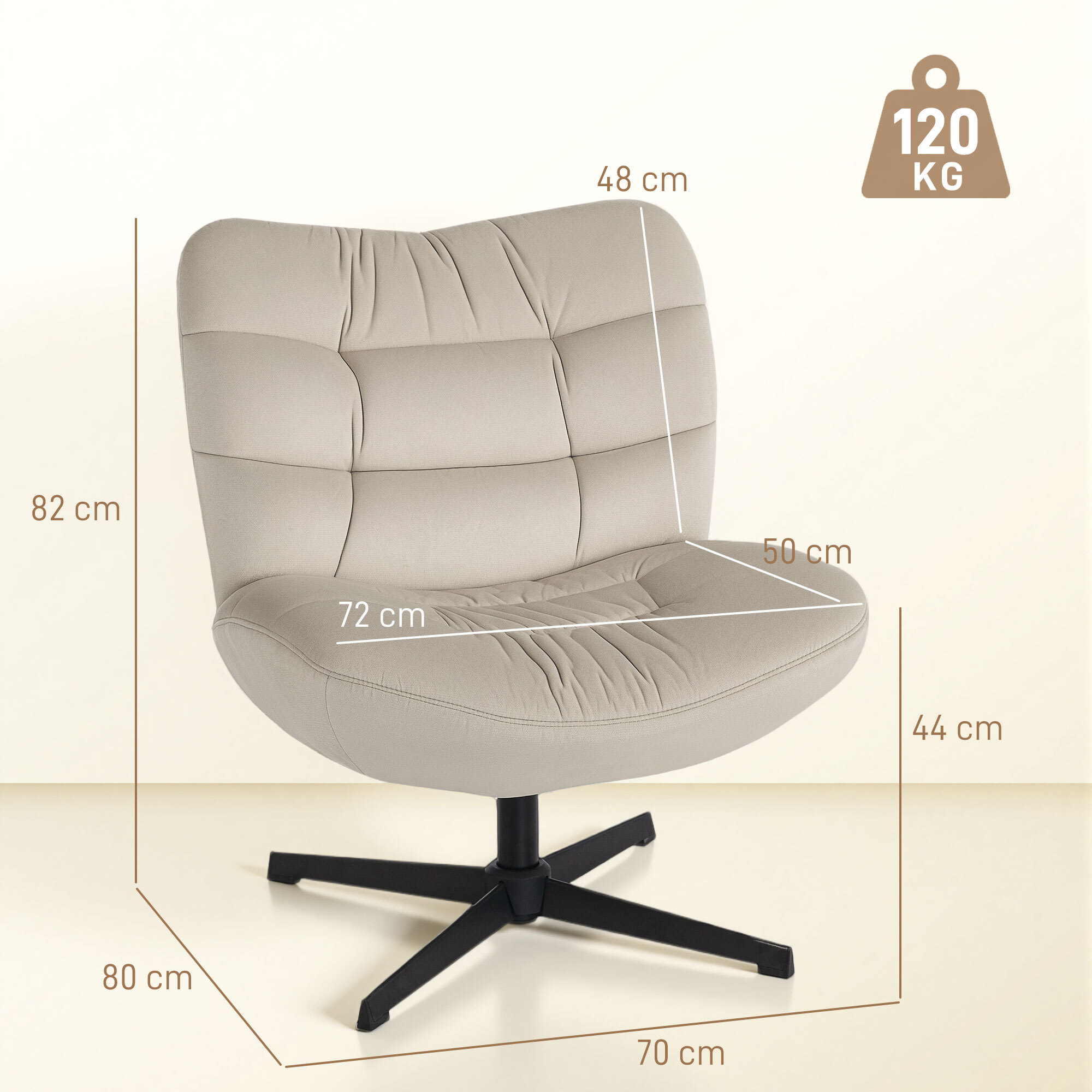 Fauteuil lounge effet matelassé grand confort pivotant piètement acier croisé noir tissu chenille grège