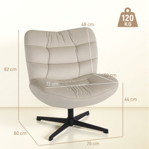 Fauteuil lounge effet matelassé grand confort pivotant piètement acier croisé noir tissu chenille grège