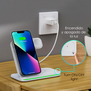 Base di ricarica wireless pieghevole 3 in 1. Base Qi da 15 W a doppia posizione, caricabatterie per Apple Watch e base Qi. Con luce ambientale. Funzione supporto.