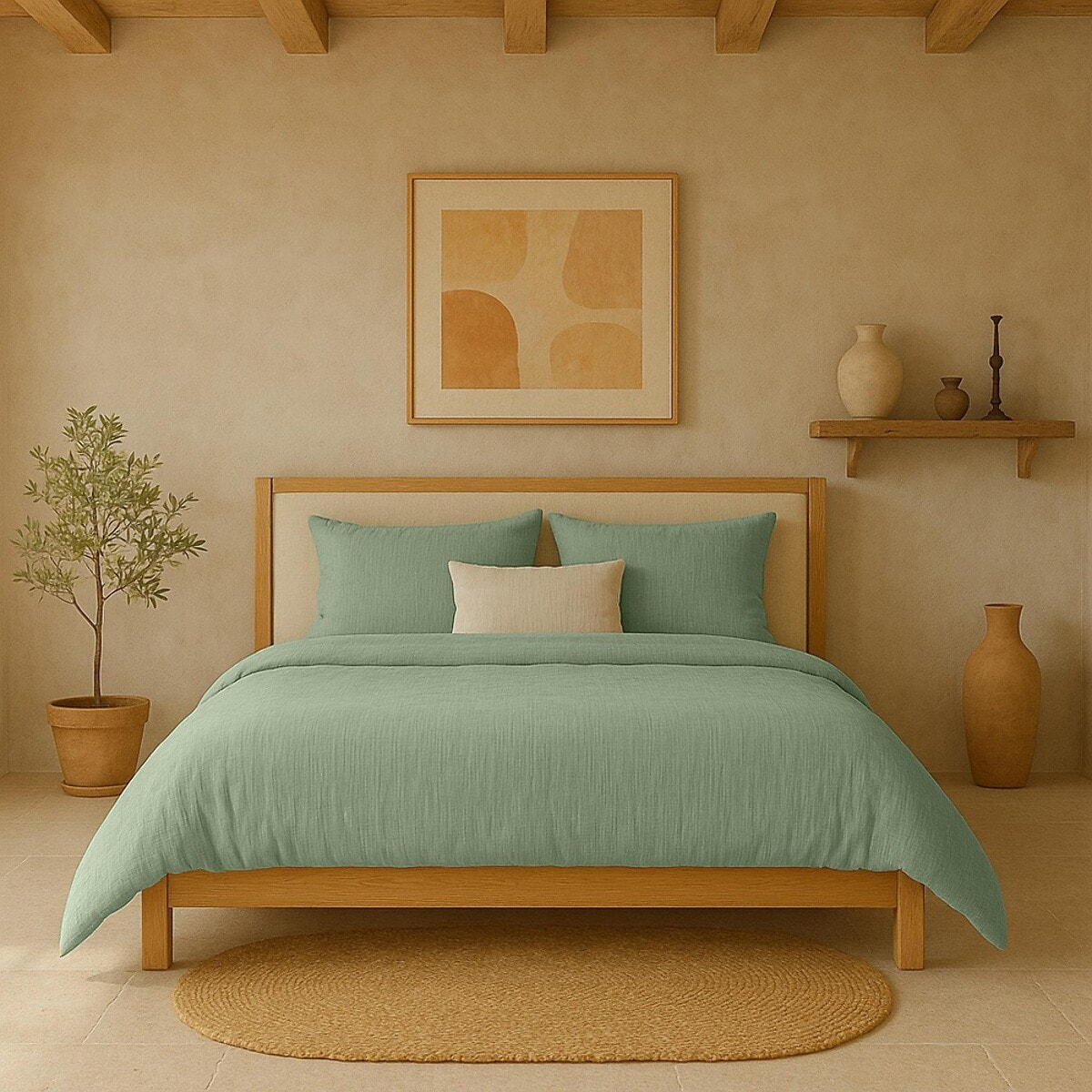 Drap housse gaze de coton lavé vert givrée