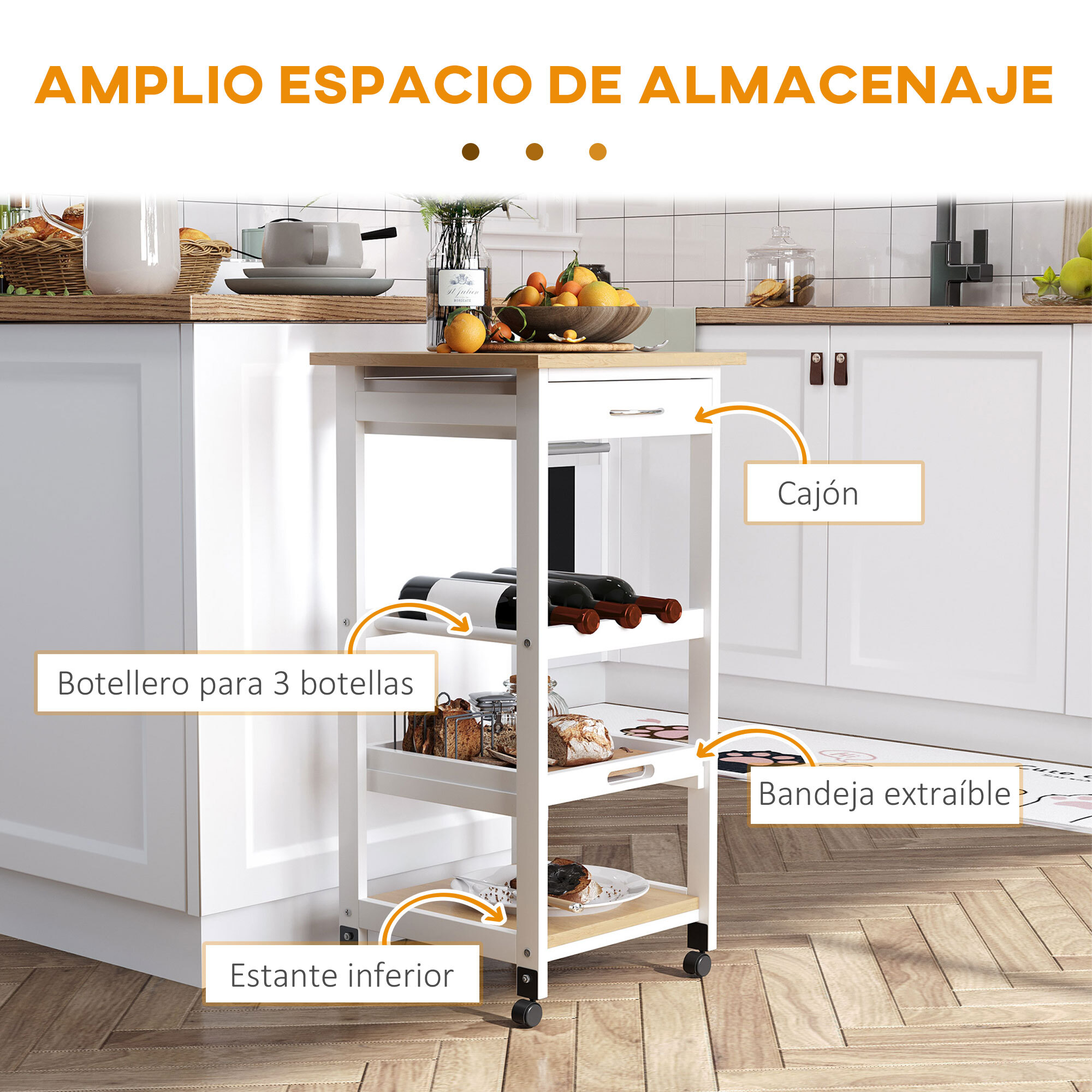 Carro de Cocina 4 Niveles con Ruedas 37x37x76cm Blanco