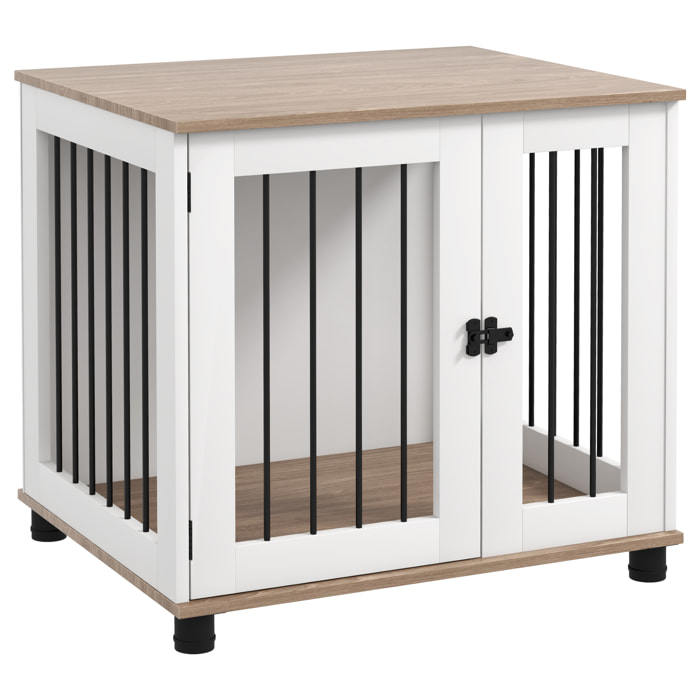 Cage pour chien animaux sur pied - porte verrouillable - acier noir panneaux blanc chêne clair