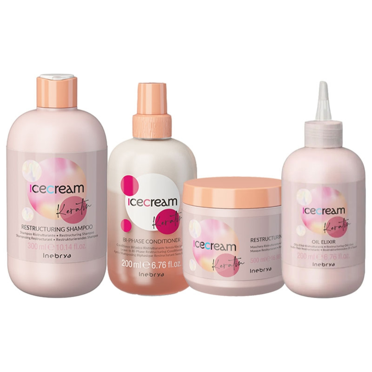 INEBRYA Kit Ice Cream Keratin Shampo 300ml + Conditoner 200ml + Mask 500ml + Oil Elixir 200ml